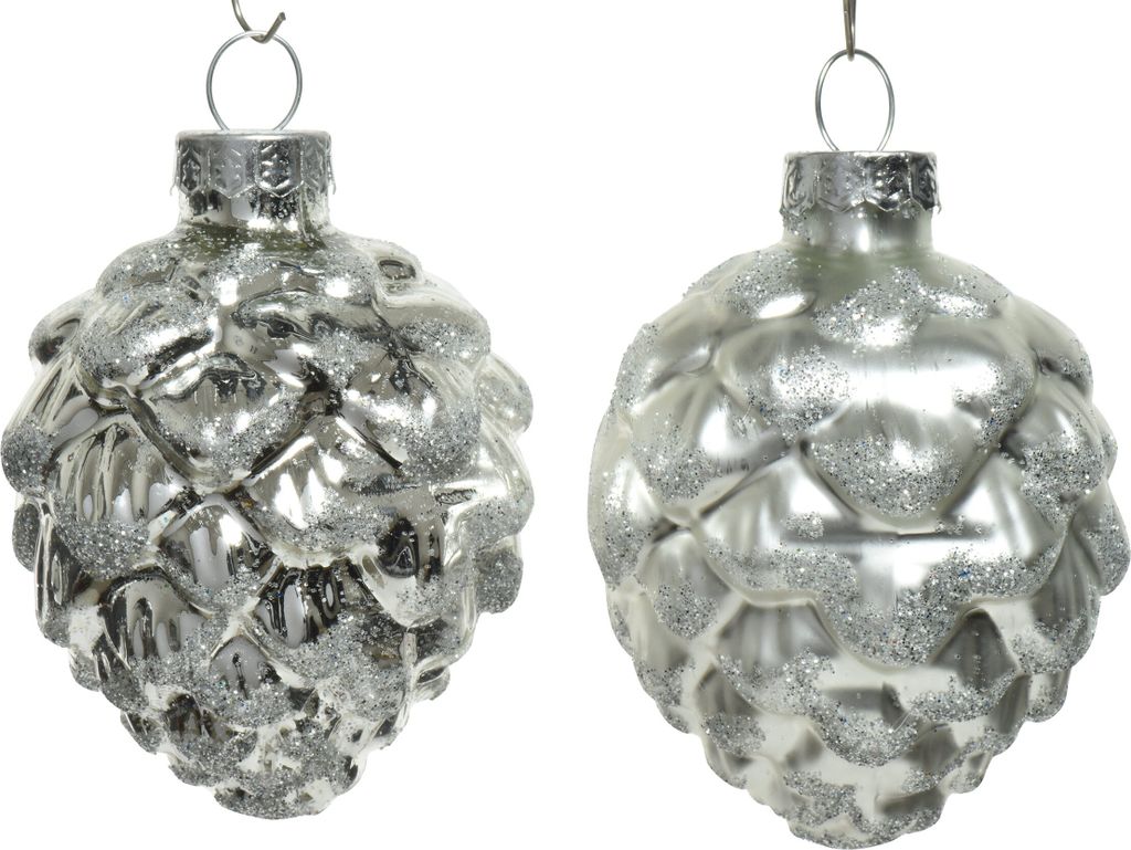 Christbaumschmuck Zapfen 7cm Glas 6 Stück - Silber