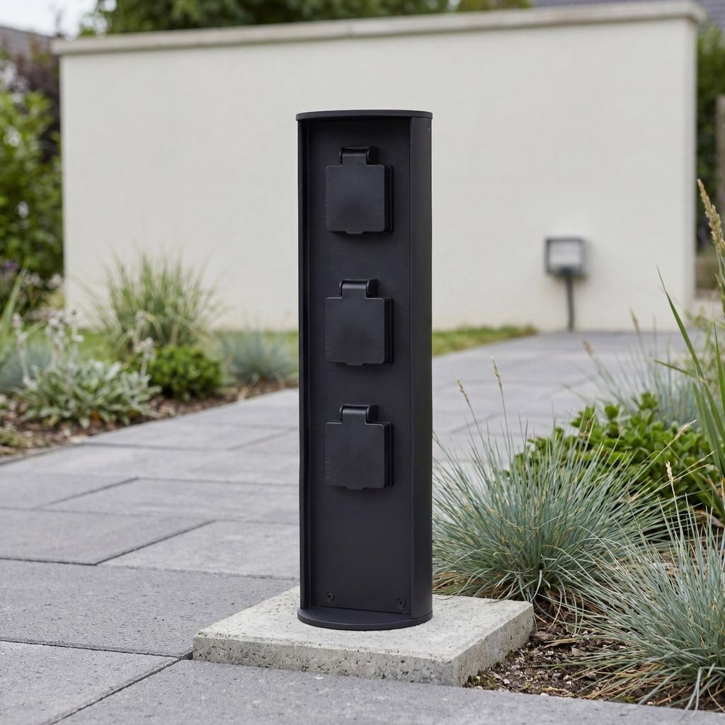 Außensteckdose Garten Aluminium Schwarz IP44 3 fach 3500W 40cm Stromverteiler Außen