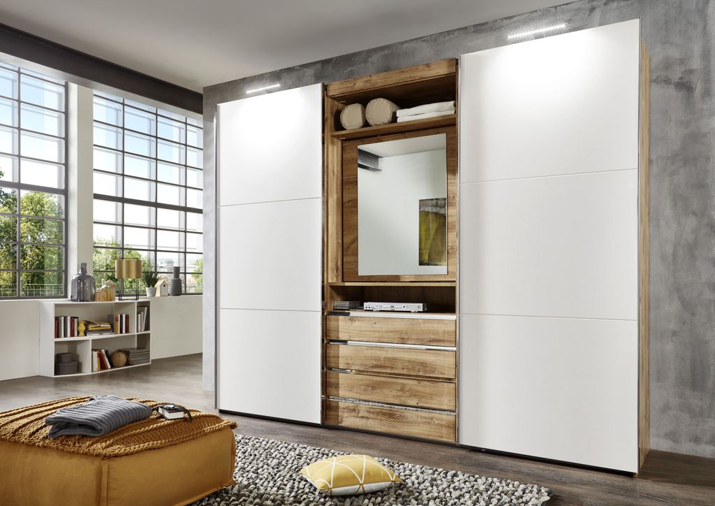 Schwebetürenschrank >MAGIC< in PLANKENEICHE + WEISS - Produktbild 