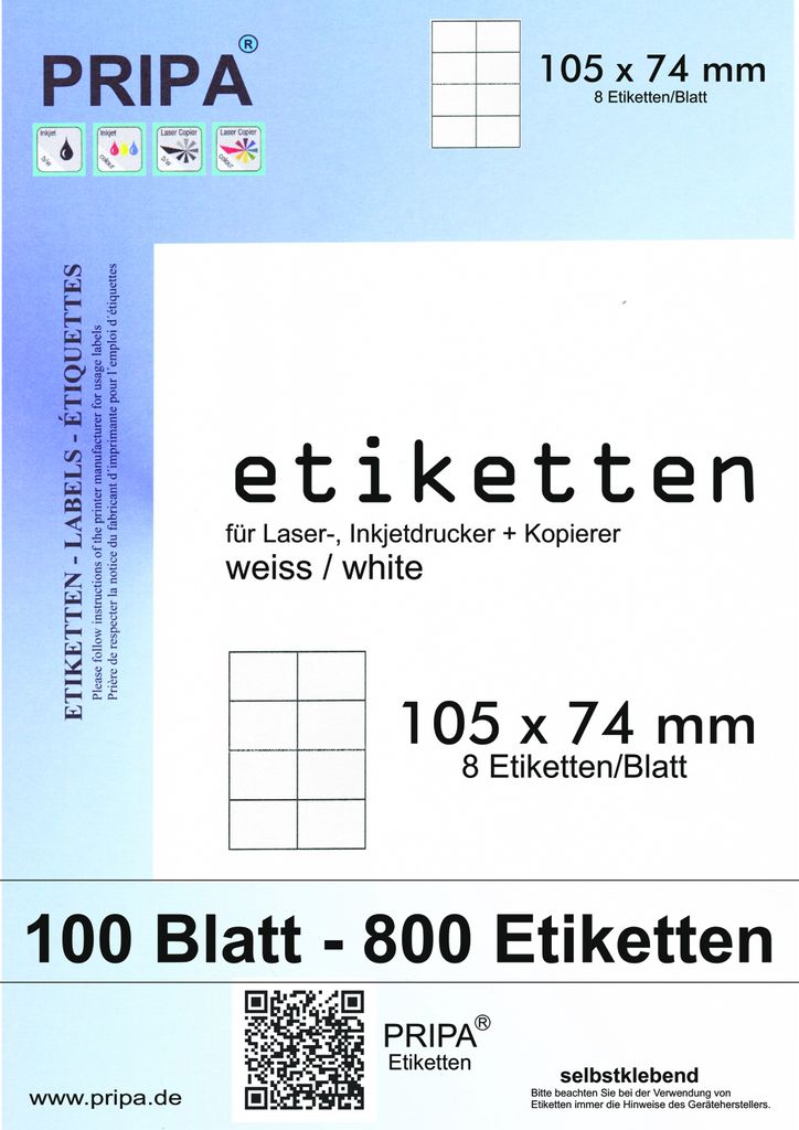 pripa 800 Etiketten auf DIN A4 105 x 74 mm selbstklebend weiß - Allround Qualität 100 Blatt
