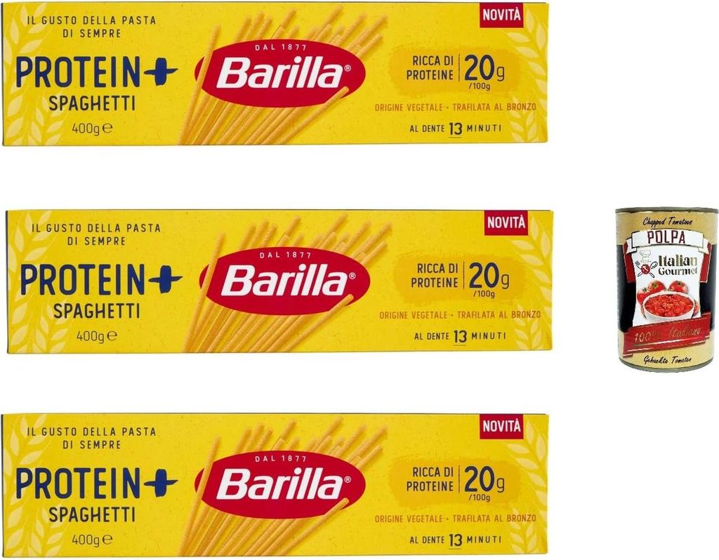 Barilla Protein+ Spaghetti 400gr, Pasta reich an pflanzlichem Protein, 3x 400 g + Italian Gourmet polpa 400gr