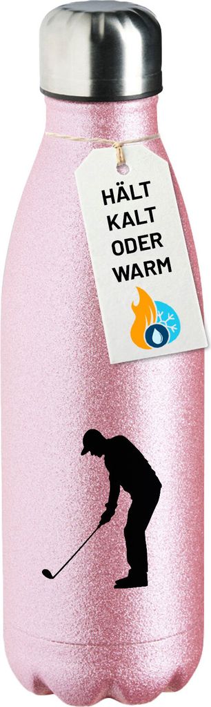Huuraa Trinkflasche Golf Silhouette 500ml Pink Edelstahl Wasserflasche Trinkflasche Geschenkidee