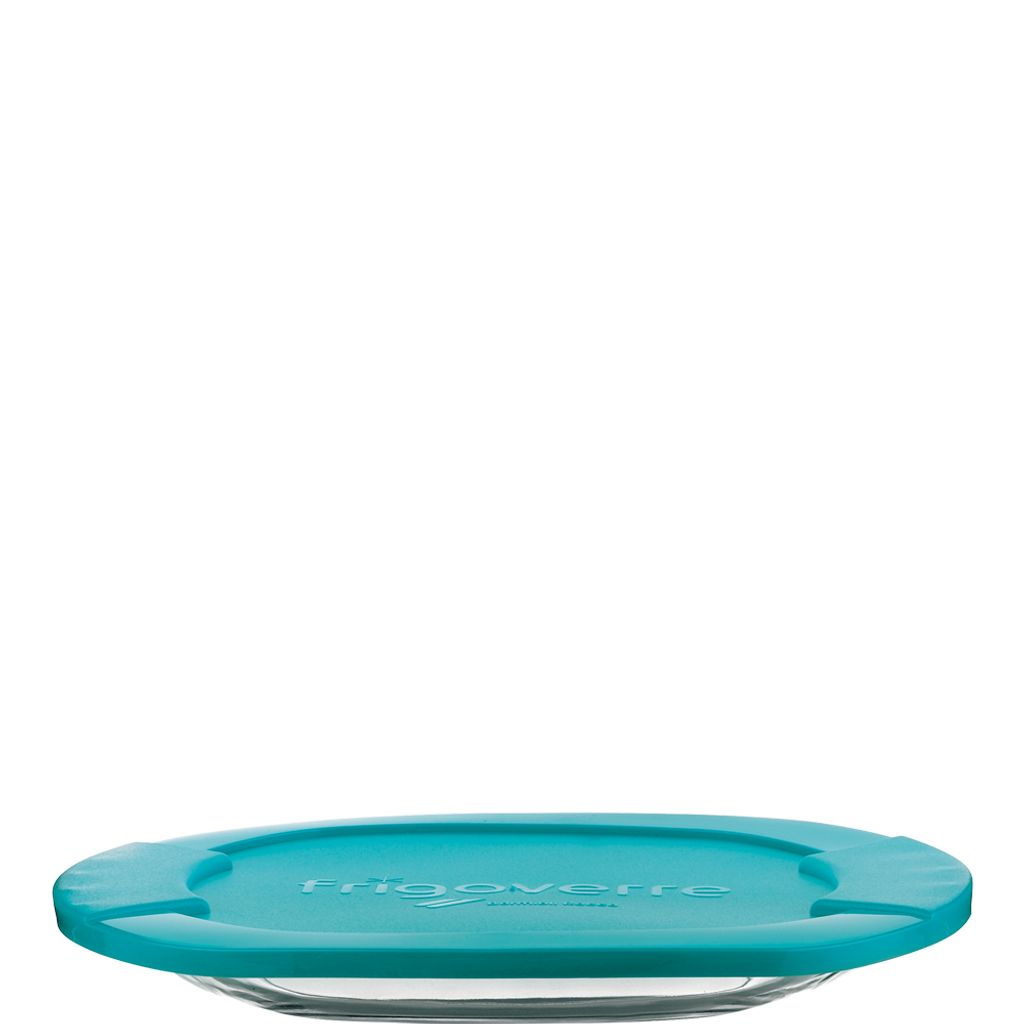 A close-up, low-angle shot of a round glass dish with a turquoise lid, set against a white background.