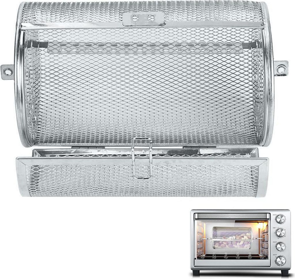 Edelstahl Grillkorb,Drehbarer Rotisserie-Korb für Ofen & Grill,18 × 12 cm,BBQ Heißluft Tumbler Korb,Silber