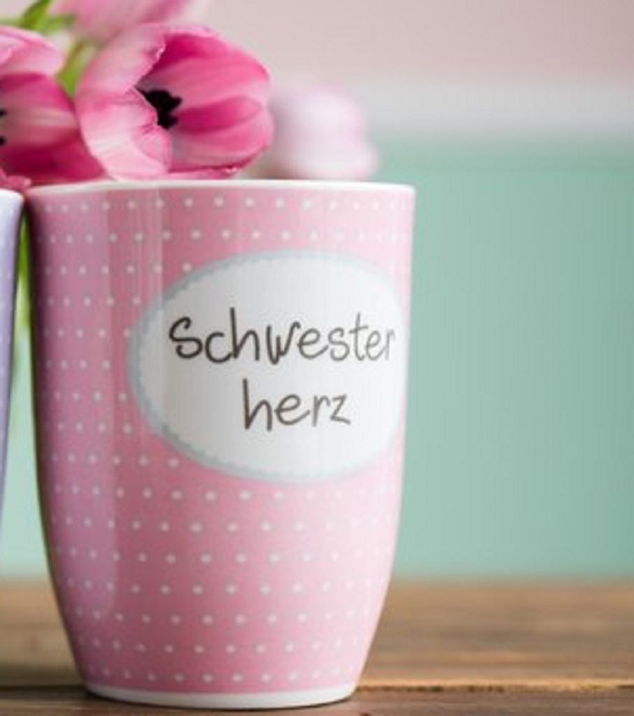 MEA LIVING Henkelbecher 500 ml Spruch SCHWESTERHERZ Kaffee Tasse Becher rosa