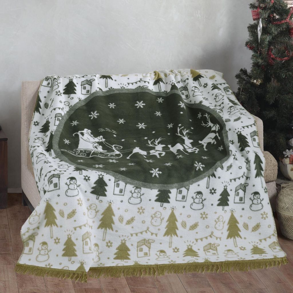 Baumwoll-Acryl-Decke 150x200 Weihnachten grün Weihnachtsbäume Rentiere Schneeflocken 24161A Darymex 24