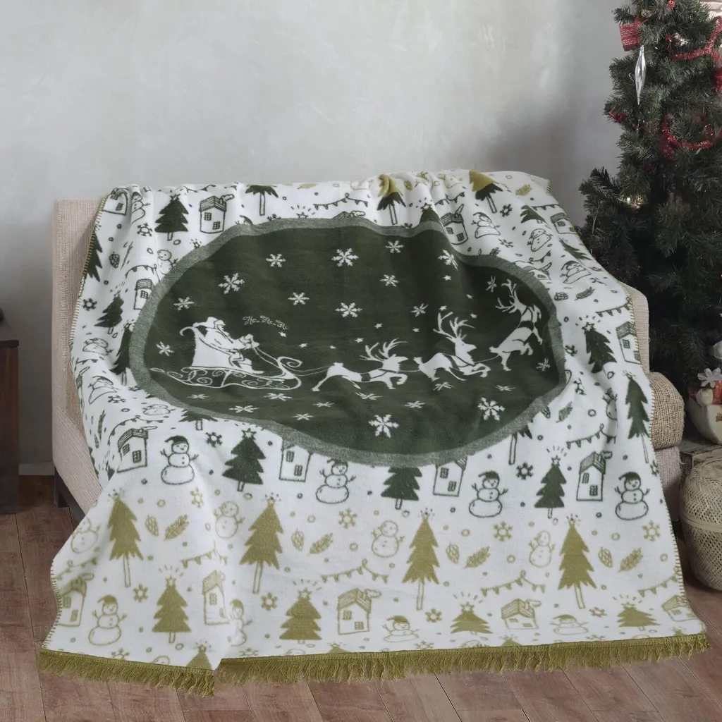 Couverture de Noël 150x200 cm en Coton Vert avec Motifs Hivernaux