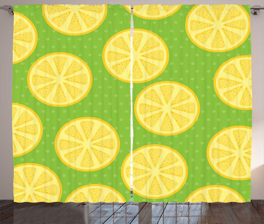 ABAKUHAUS Zitronen Rustikaler Gardine, Citrus Scheiben Tupfen, Wohnzimmer Universalband Gardinen mit Schlaufen und Haken, 280 x 225 cm, Lime Green ...
