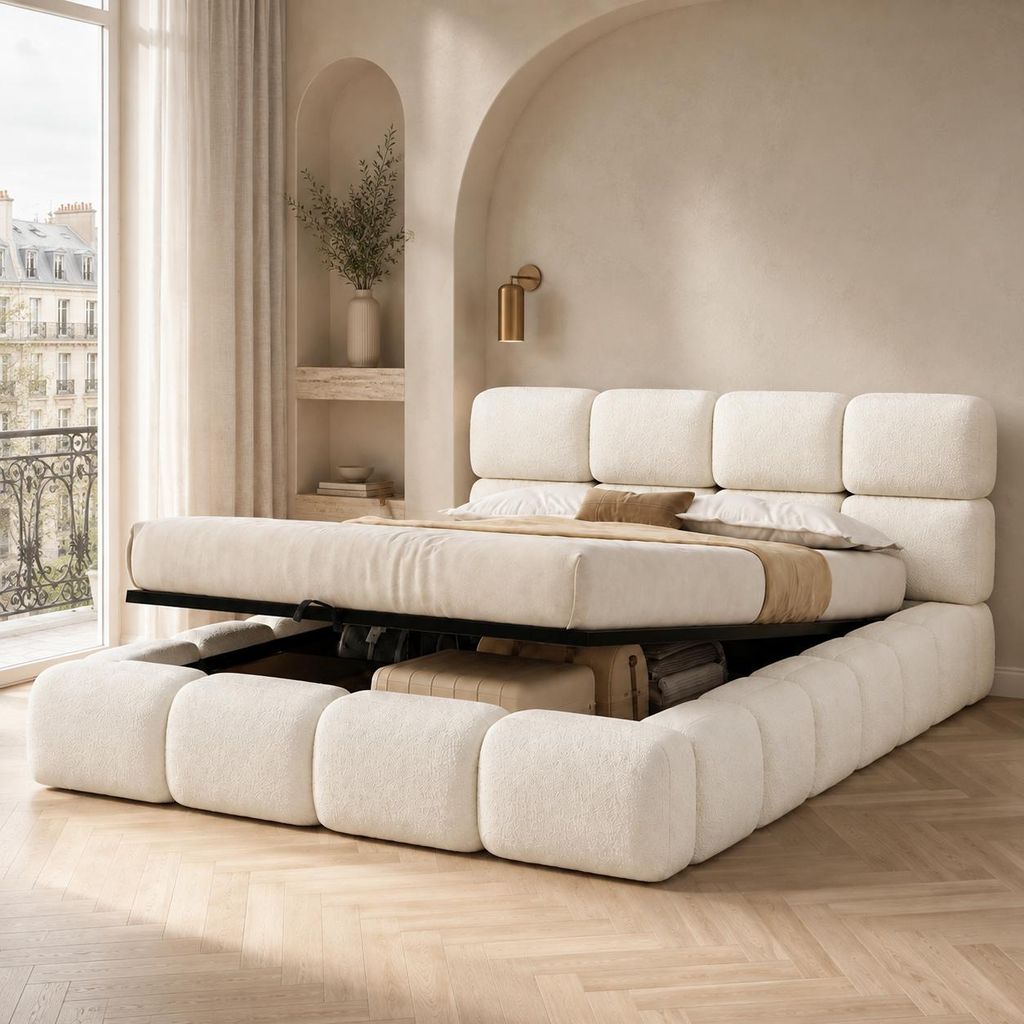 Lit coffre capitonné 160 × 200 cm en bouclé blanc, Image du produit  Image générée par une IA