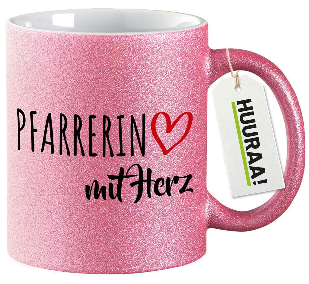 Huuraa Glitzertasse Pfarrerin mit Herz 330ml Pink Keramik Kaffeebecher Geschenkidee