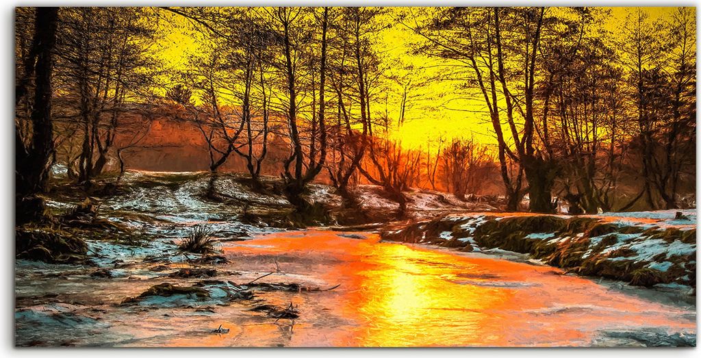 Coloray - Glasbild - 100x50 cm - Wandbild - Glasbilder - Wald Baum Winter Fluss Natur Schnee