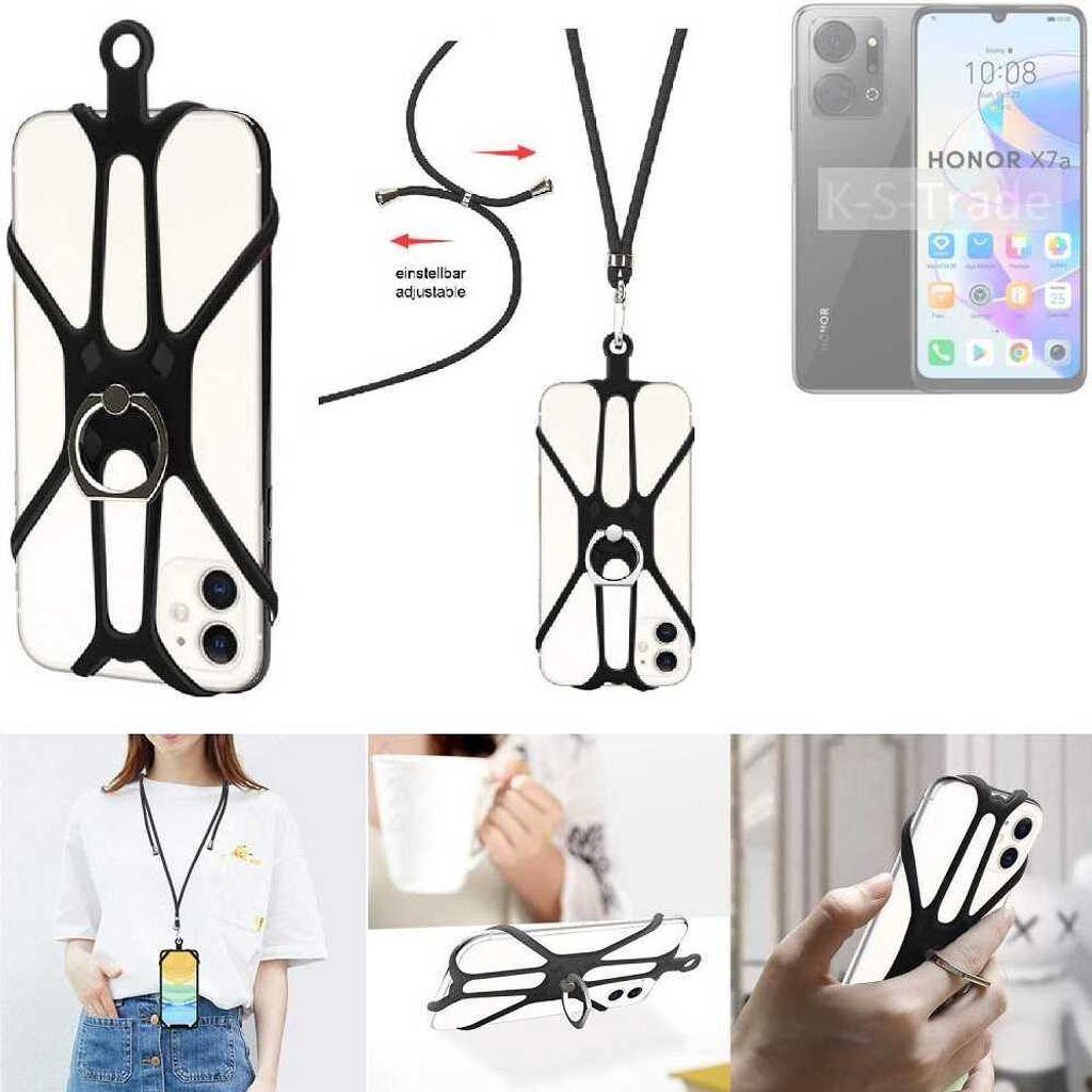 K-S-Trade 3in1 Handykette Handyband Handykordel Halsband Smartphone-Ring Handy-Ring kompatibel mit Honor X7a Fingerhalterung Handyring Tischständer