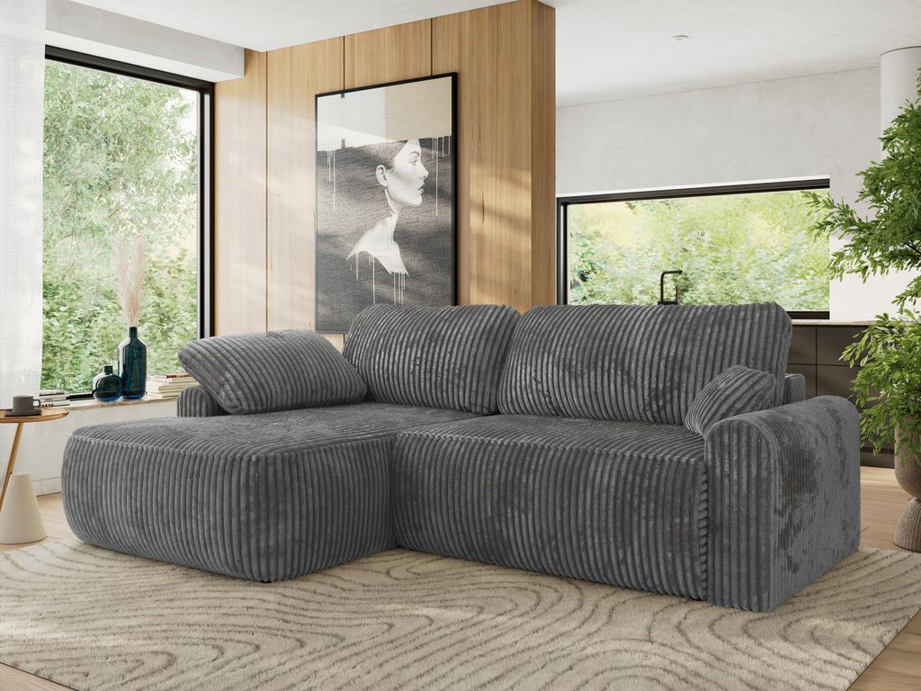 MKS MEBLE Ecksofa CUBO L-form, lose Kissen, Ecksofa 273x187x100 cm mit Schlaffunktion, Bettkasten - Dunkelgrau Cord - Links Seite