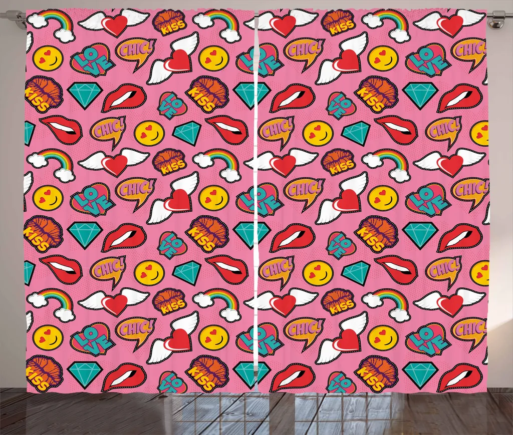 ABAKUHAUS emoji Tenda rustica, cuori a pois arcobaleno, tenda con passanti e ganci per camera da letto, 280 x 175 cm, multicolore