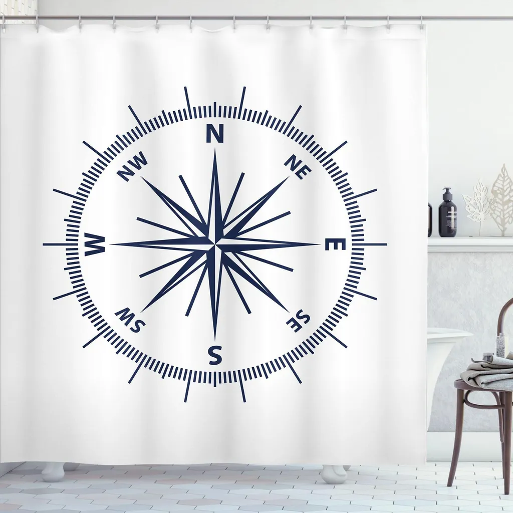 ABAKUHAUS Tenda da doccia in stile marittimo, disegno monocromatico con rosa dei venti e bussola, stampa grafica semplice, 175 x 200 cm, blu navy e bianco