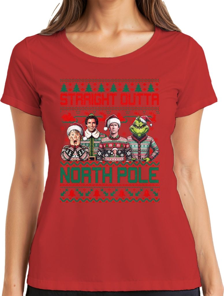Straight Outta North Pole Ugly Xmas Sweater Weihnachtsfilme - Weihnachten Christmas Damen T-Shirt, Rot, XL