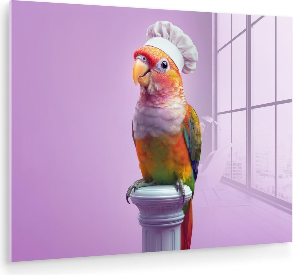 MuchoWow Glasbilder - Bilder auf Wandbild - Foto auf Glas Papagei - Kochmütze - Säule - Vogel 40x30 cm Wanddekoration aus Glas - Acrylglasbild - ...