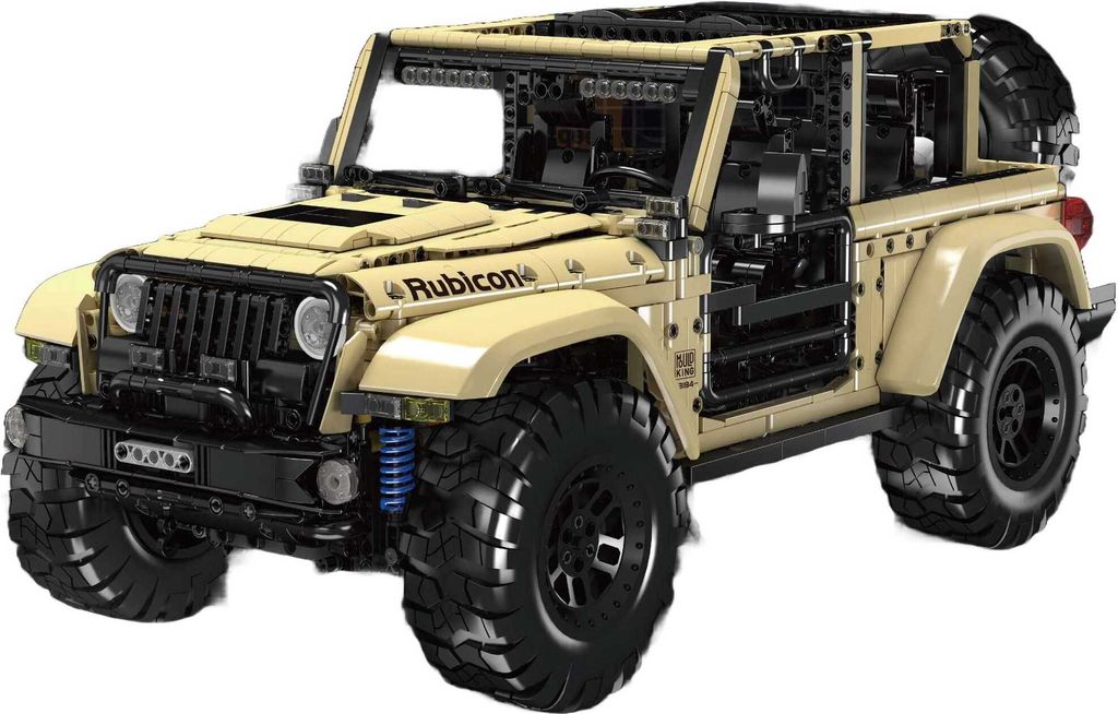 A tan and black remote-controlled off-road toy jeep.