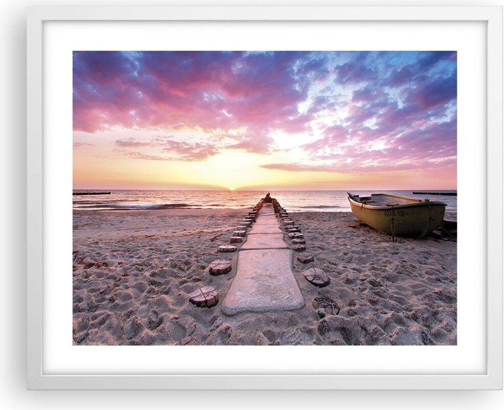 Gerahmtes Poster - Weißer Rahmen - Boot Strand Himmel - 50x40 cm - Wand Bild - Wanddeko - Wandbilder - Kunstposter - Wandposter - Bilderrahmen - B...