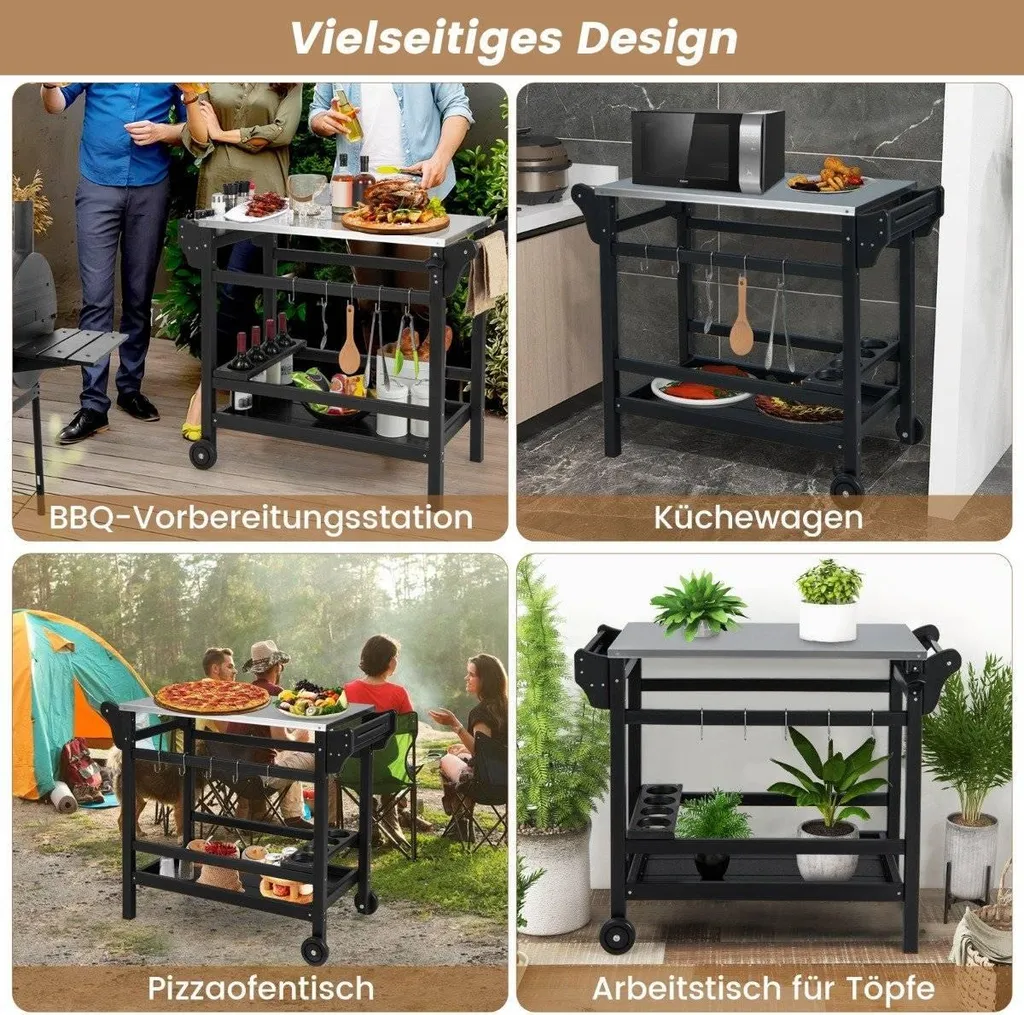 Chariot Barbecue Haute Résistance avec Roues et Support Condiments 90cm - 4