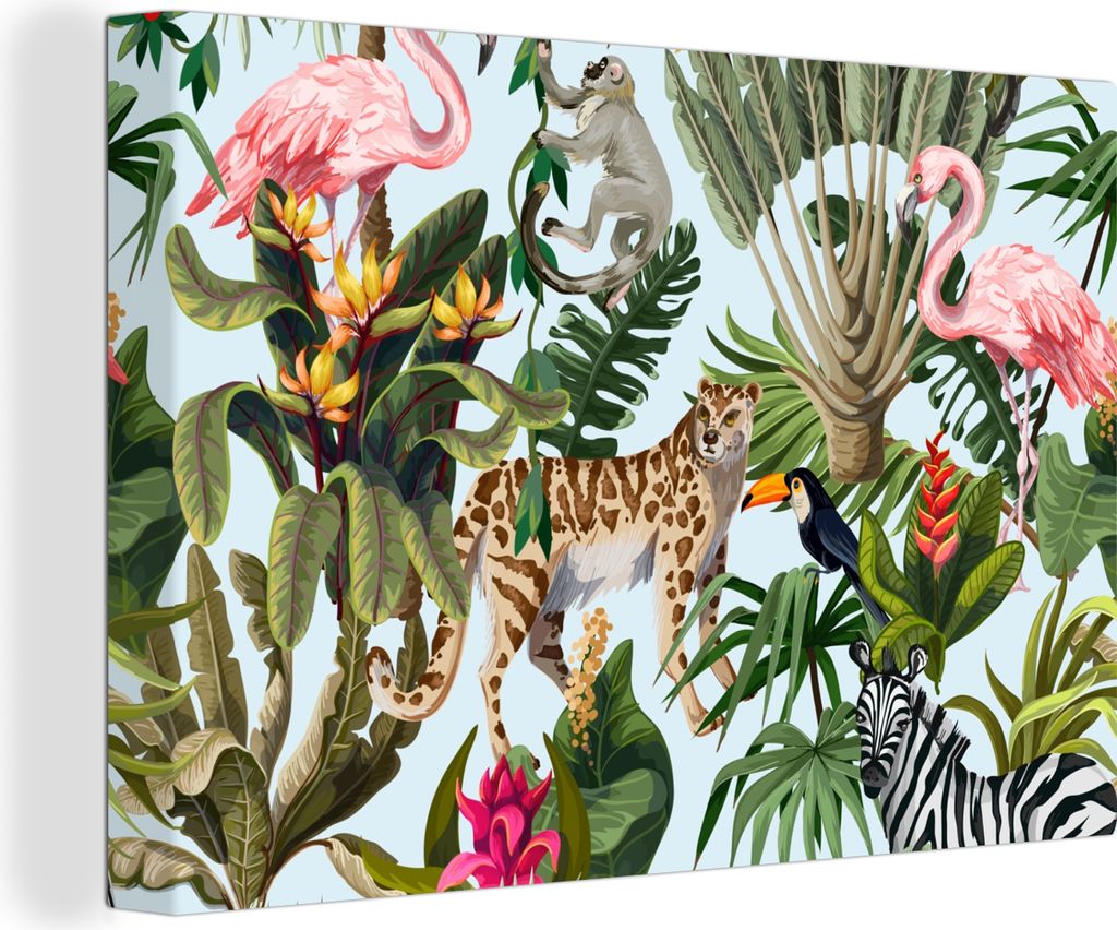 OneMillionCanvasses - Leinwandbilder - 140x90 cm, Dschungel - Tiere - Mädchen - Kinder - Jungen - Flamingo - Papagei, Wandbilder Kunstdruck Wand...