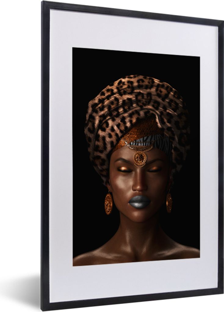 MuchoWow MuchoWow Gerahmtes Poster Frau - Kopftuch - Tigerdruck 40x60 cm - Poster mit zchwarzem Bilderrahmen - Poster in Rahmen