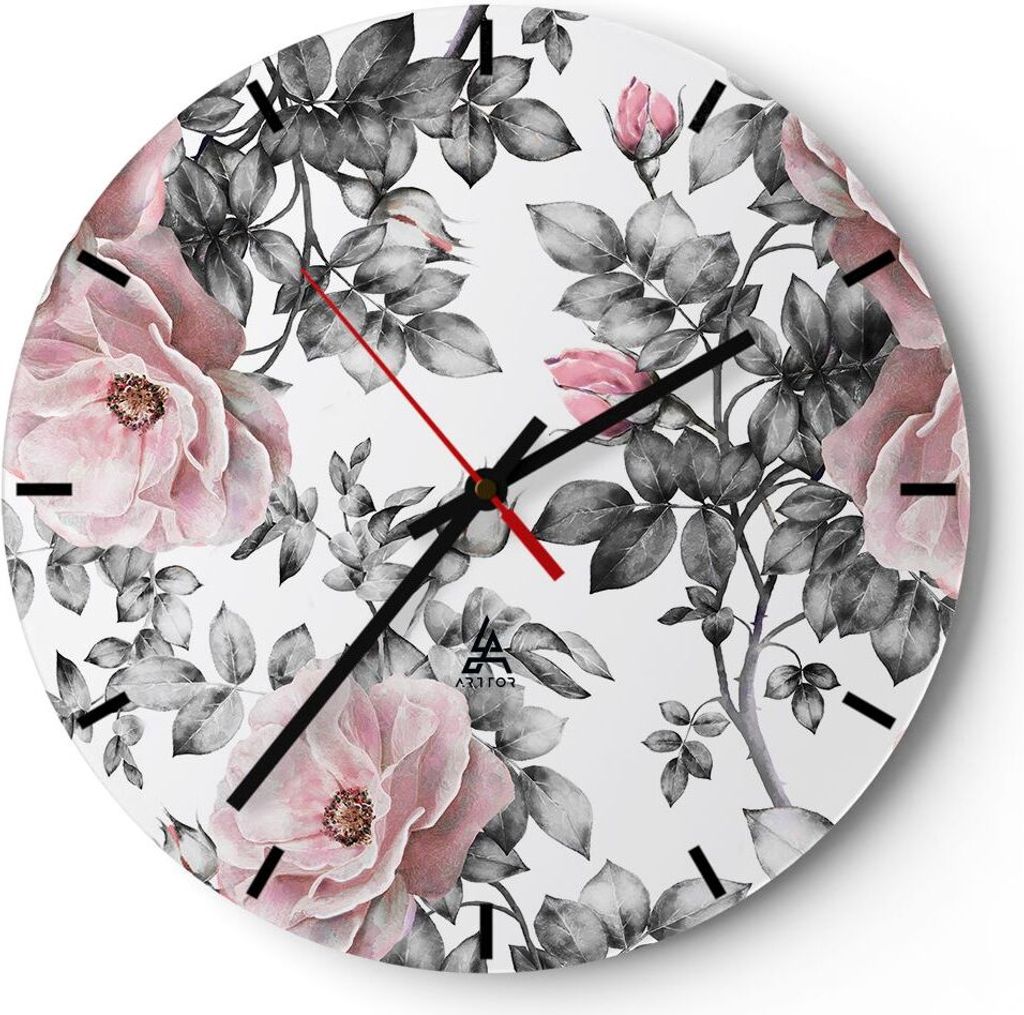 Wanduhr - Rund - Glasuhr - Blumen Blätter Pflanze Rose - 40x40cm - Schleichendes Uhrwerk - Lautlos - zum Aufhängen bereit - Dekoration Modern - W...