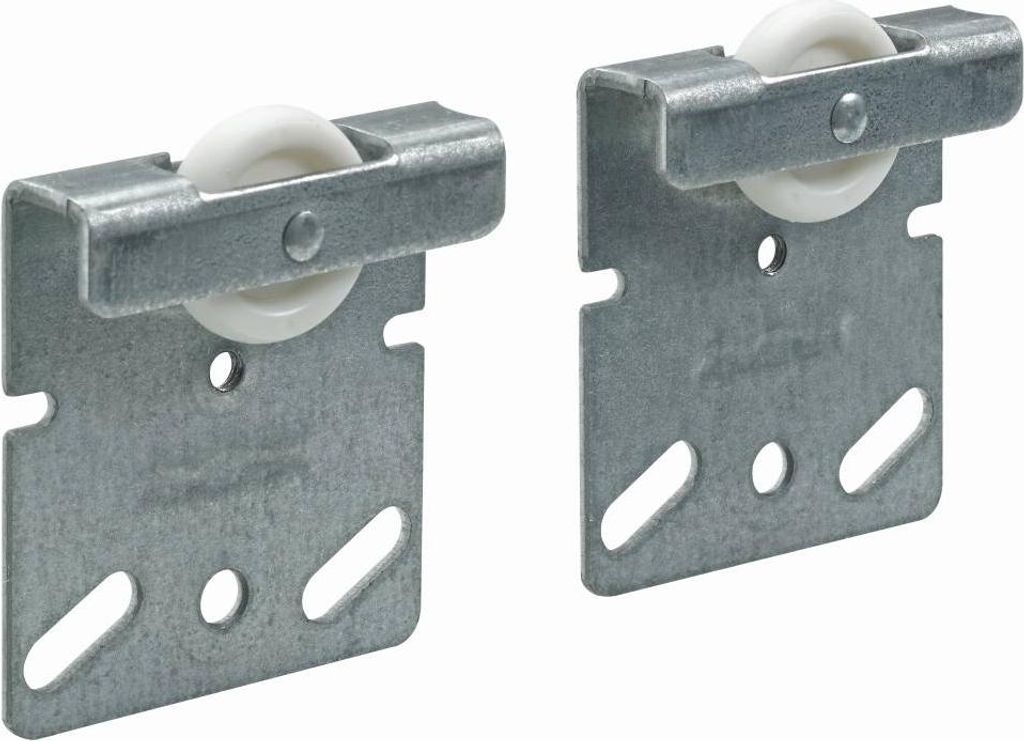 Two metal rollers with white wheels, used for sliding doors or drawers.