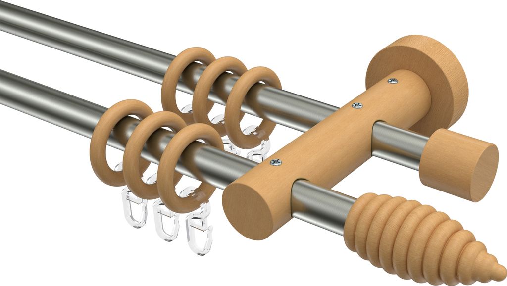 Interdeco Gardinenstange / Vorhangstange Edelstahl-Optik / Buche lackiert, Typ Adrian Asta (Rillenform), 16 mm Ø 2-läufig, 280 cm