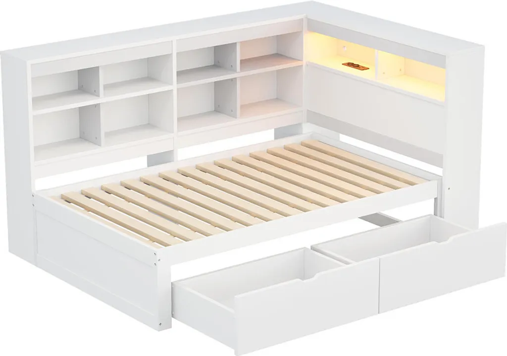 Lit Simple 90x200 cm en Bois Blanc avec Rangement et Prises Intégrées - 4