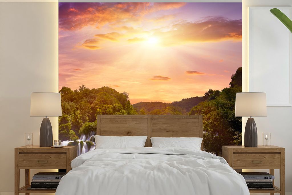MuchoWow Fototapete für Wohnzimmer oder Schlafzimmer Wandtapete Vinyl Motivtapete Wasserfall - Landschaft - Sonne - Wolken - Sonnenuntergang - 3...