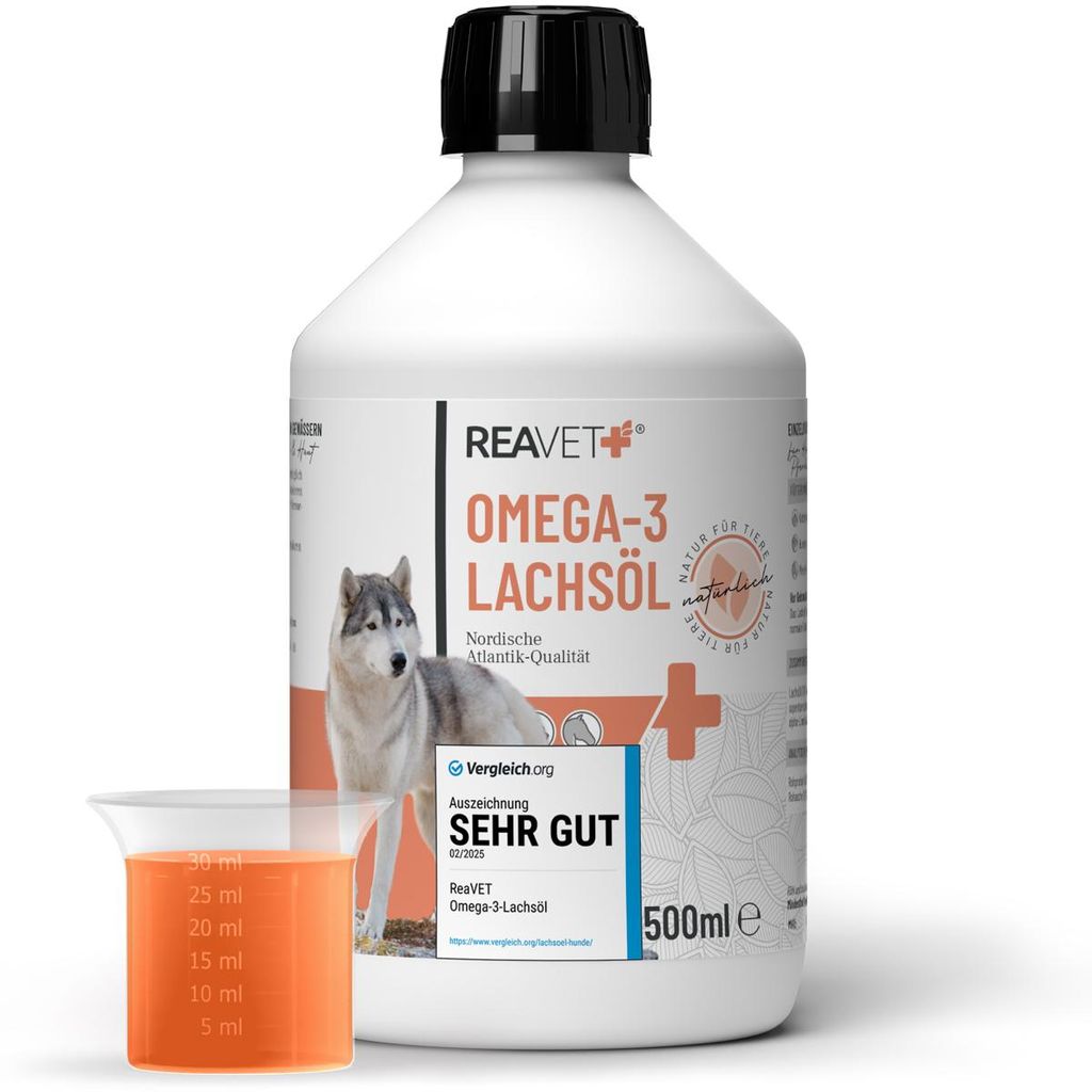 REAVET Lachsöl Hunde, Katze 500ml – Reich an Omega 3 & 6, Fischöl Hund hochdosiert I Echte Lebensmittelqualität ohne Zusätze I Frisch abgefü...
