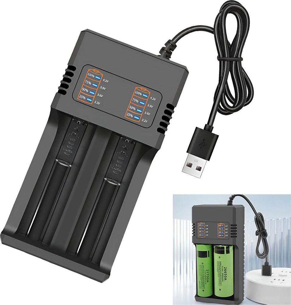 Intelligentes Lithium Akku Ladegerät, USB, 2 Steckplätze, Schutzfunktion, 18650/21700