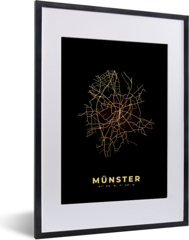 MuchoWow Gerahmtes Poster Karte - Münster - Gold - Karte - Stadtplan 30x40 cm - Poster mit Schwarzem Bilderrahmen Wandposter Rahmen Foto Bilder ...