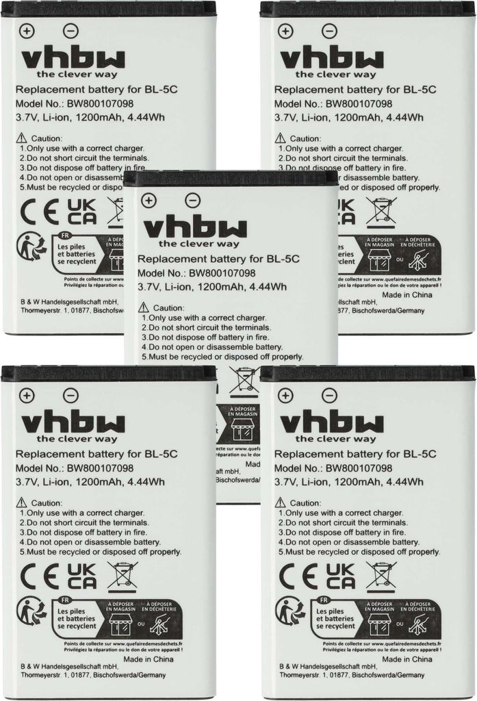 vhbw 5x Akku kompatibel mit Nokia 3110 classic, 3109 classic, 3120, 3110 evolve, 3660, 3650 Handy Smartphone Telefon (1200 mAh, 3,7 V, Li-Ion)