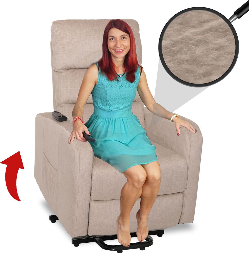 Fernsehsessel HWC-K62, Sessel Relaxsessel TV-Sessel, Liegefunktion Aufstehhilfe elektrisch, Metall Chenille creme