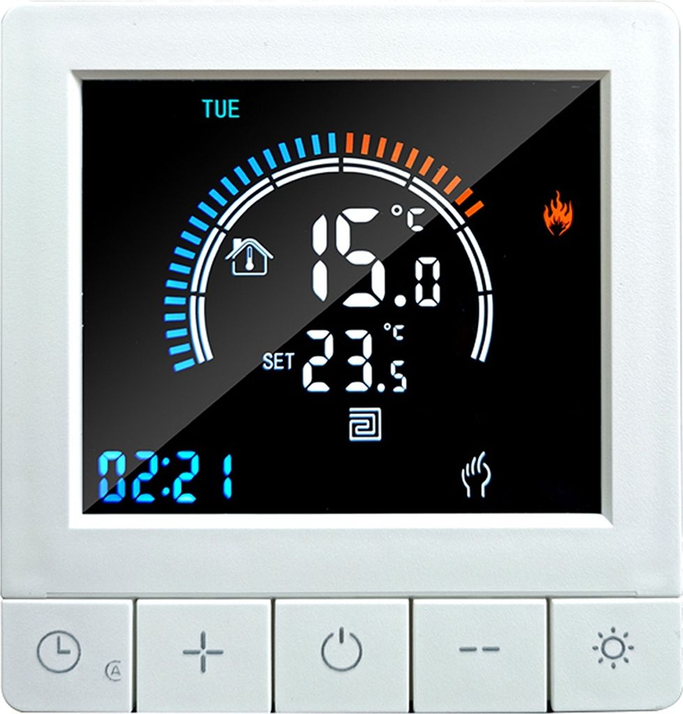 A digital thermostat display with various icons and temperature readings.