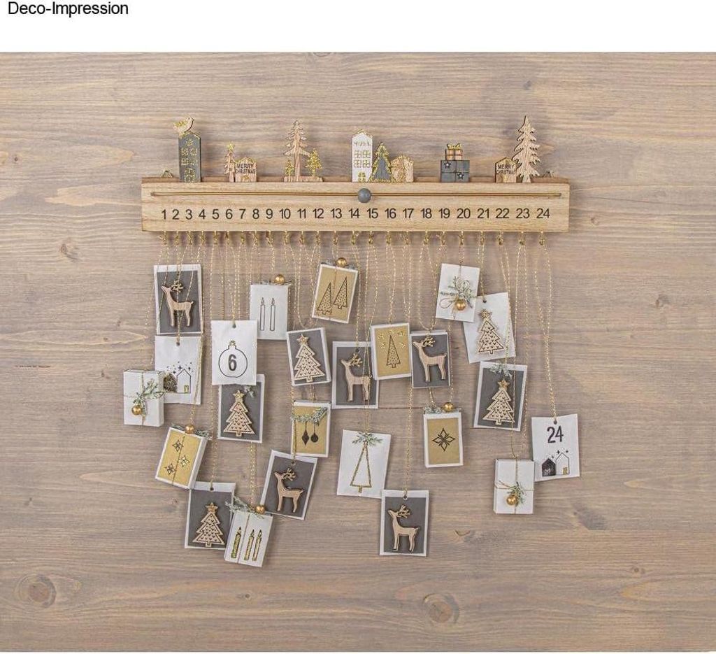 Holz Adventskalenderleiste mit goldenen Haken für festliche Pakete
