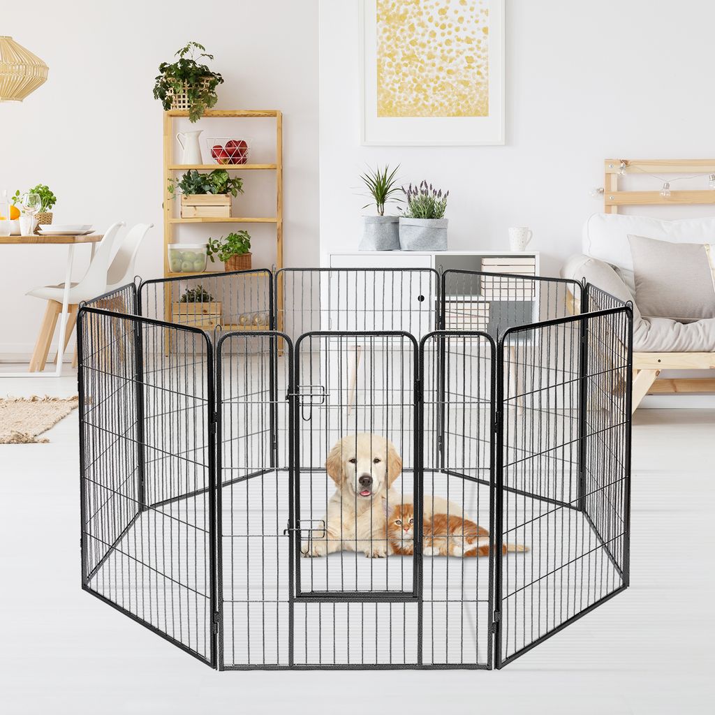 GOPLUS Haustierzaun 8 Platten Faltbar & tragbar, Metallzaun mit Türschloss, Platte100x80cm Tierlaufstall für Hund, Katze