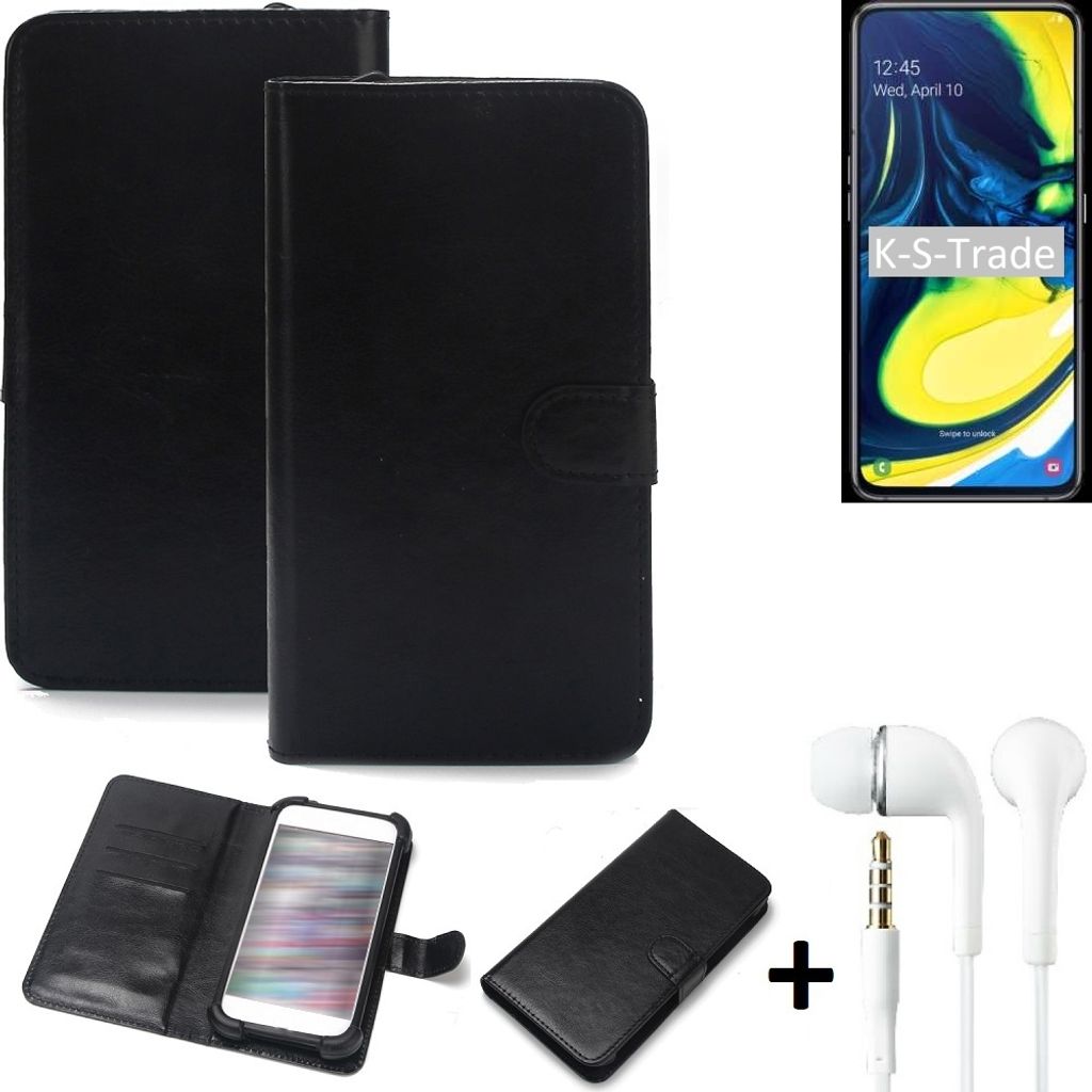 K-S-Trade Wallet Case Handyhülle kompatibel mit Samsung Galaxy A80 Schutzhülle Flip cover Flipstyle Tasche Hülle Flipcover Slim Bumper schwarz + in