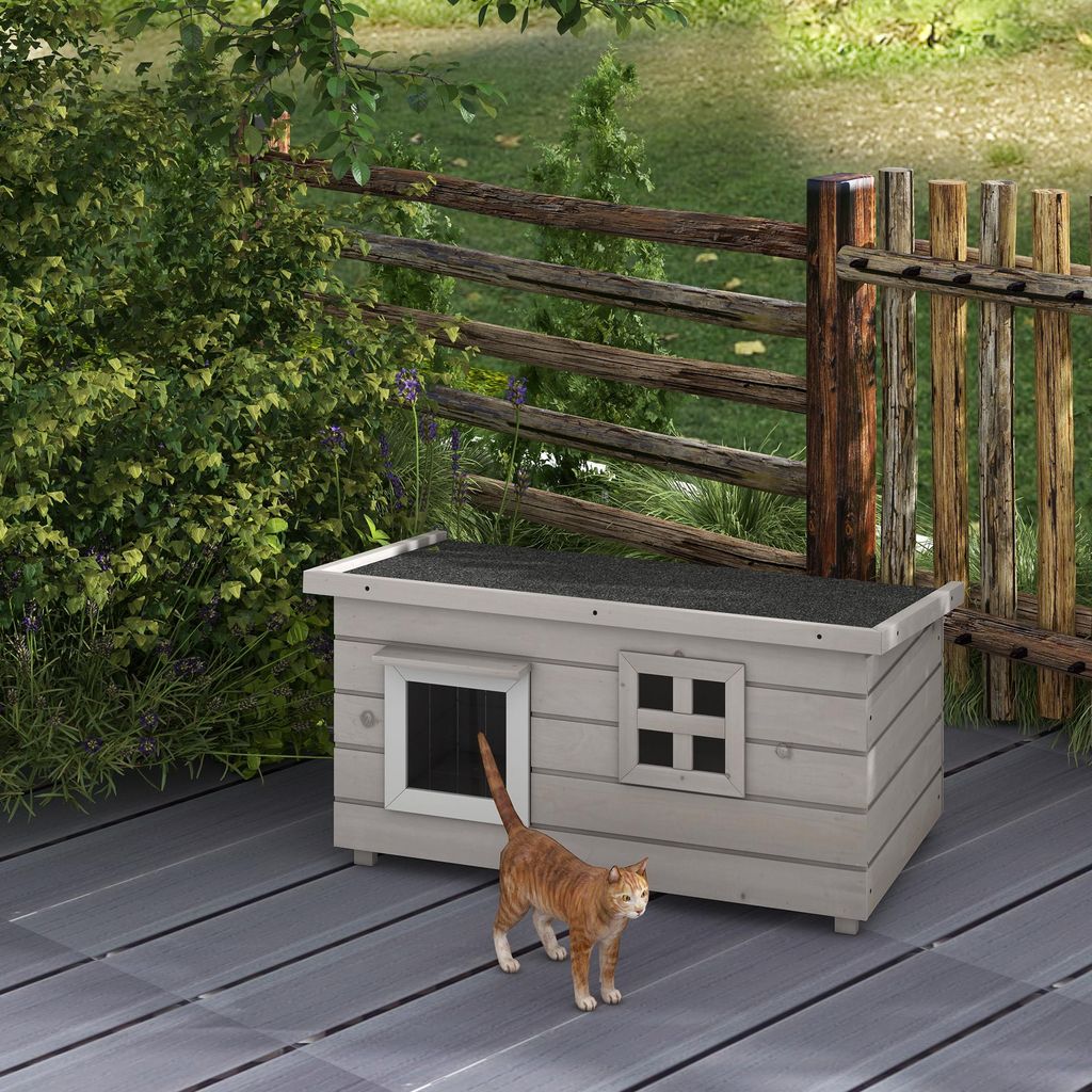 Katzenhaus aus Tannenholz, Katzenhütte outdoor wasserdicht, klappbares Dach PVC-Vorhang Fenster, Grau | 87x52x44 cm | bis 5 kg | Asphaltdach