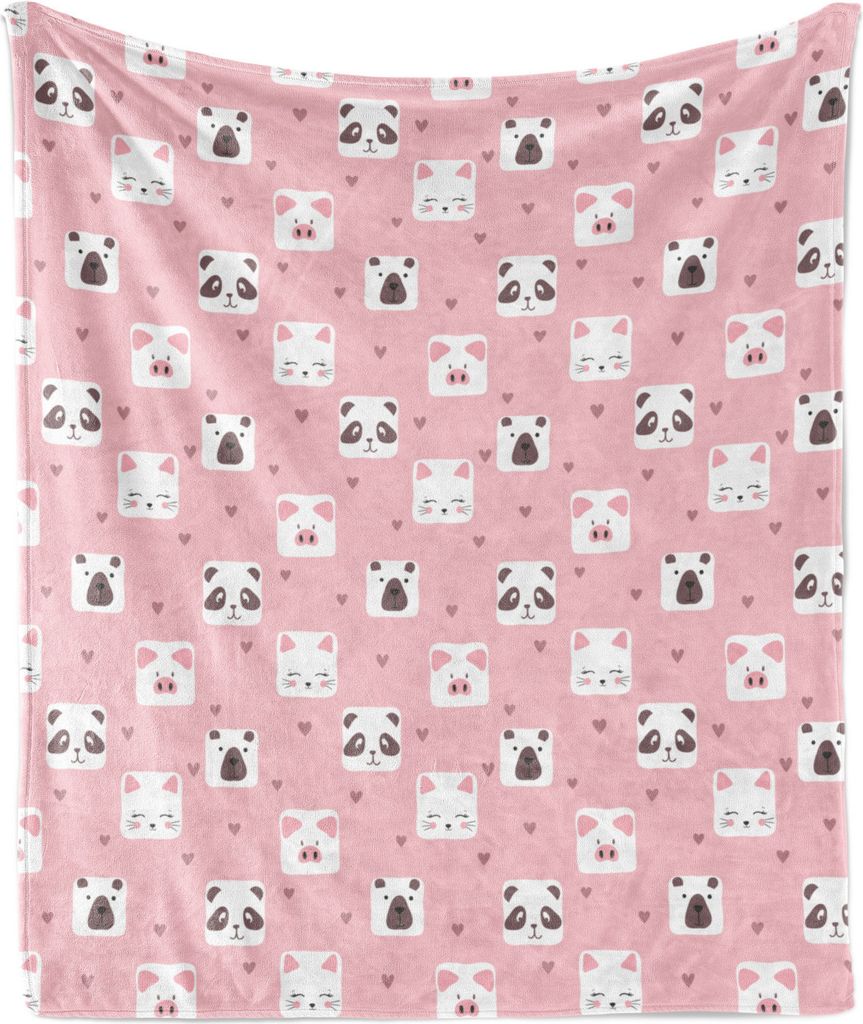 ABAKUHAUS Karikatur Weich Flanell Fleece Decke, Katze und Bär Gesichter mit Mini-Herzen, 175 x 230 cm, Pale Pink Umber