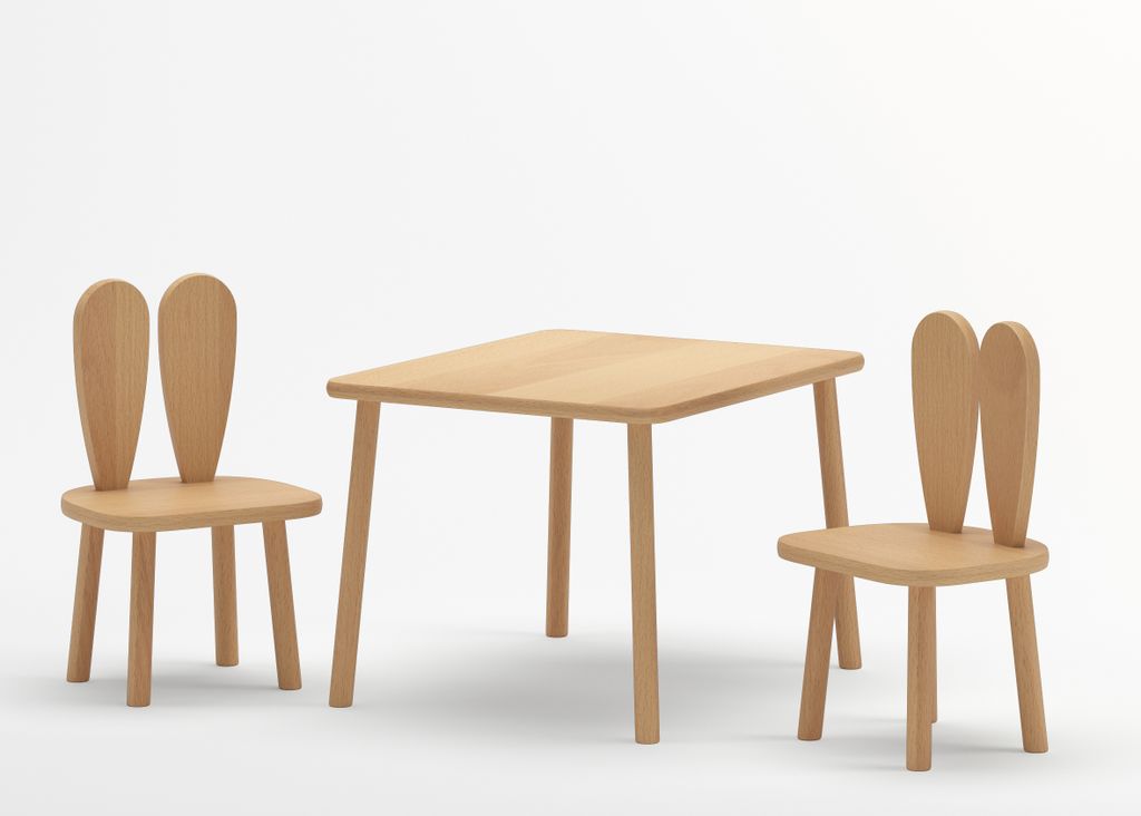 3-tlg. Rechteckiges Kinder Tisch und 2 Stuhle-Set Bunny Natur