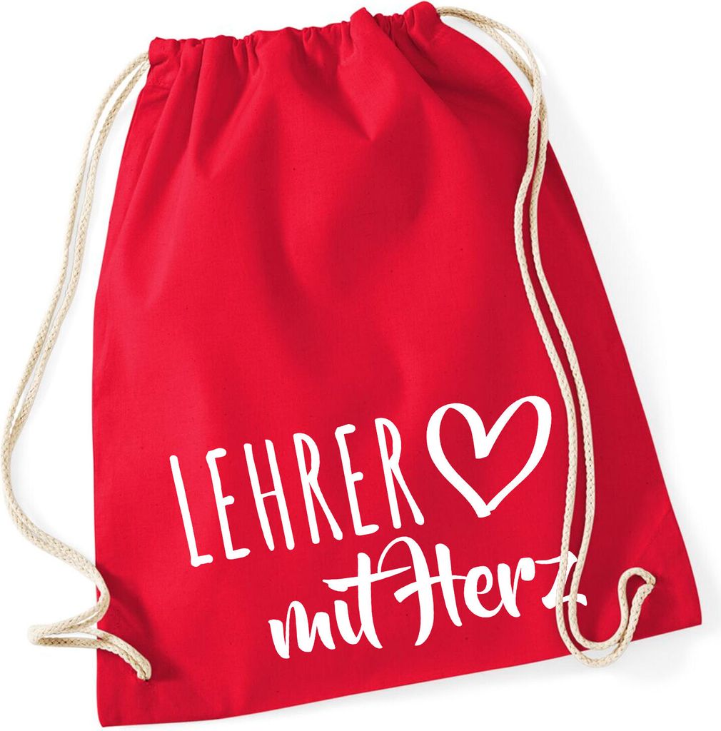Huuraa Turnbeutel Lehrer mit Herz 12 Liter Classic Red Baumwolle Rucksack Geschenkidee