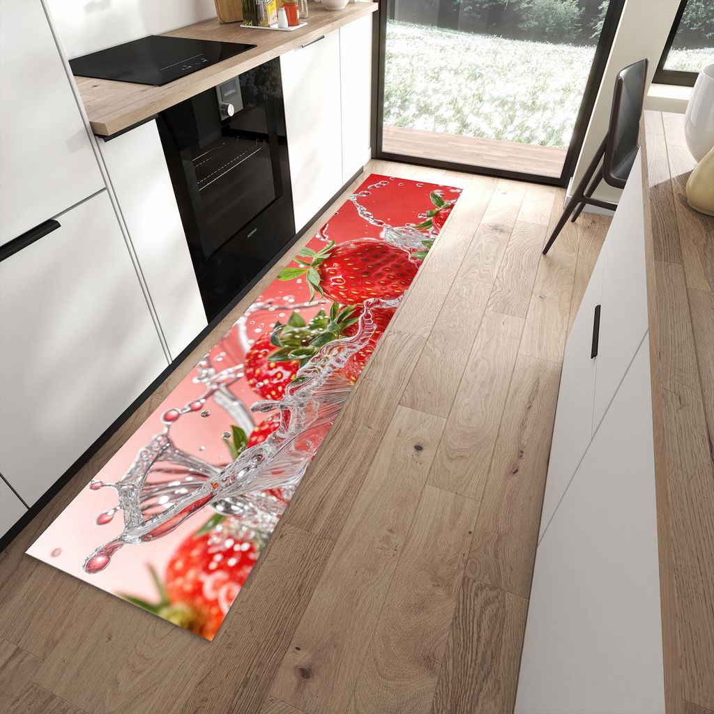 Küchenteppich 60x270cm rutschfest & abwischbar PVC Läufer - Erdbeerspritzer