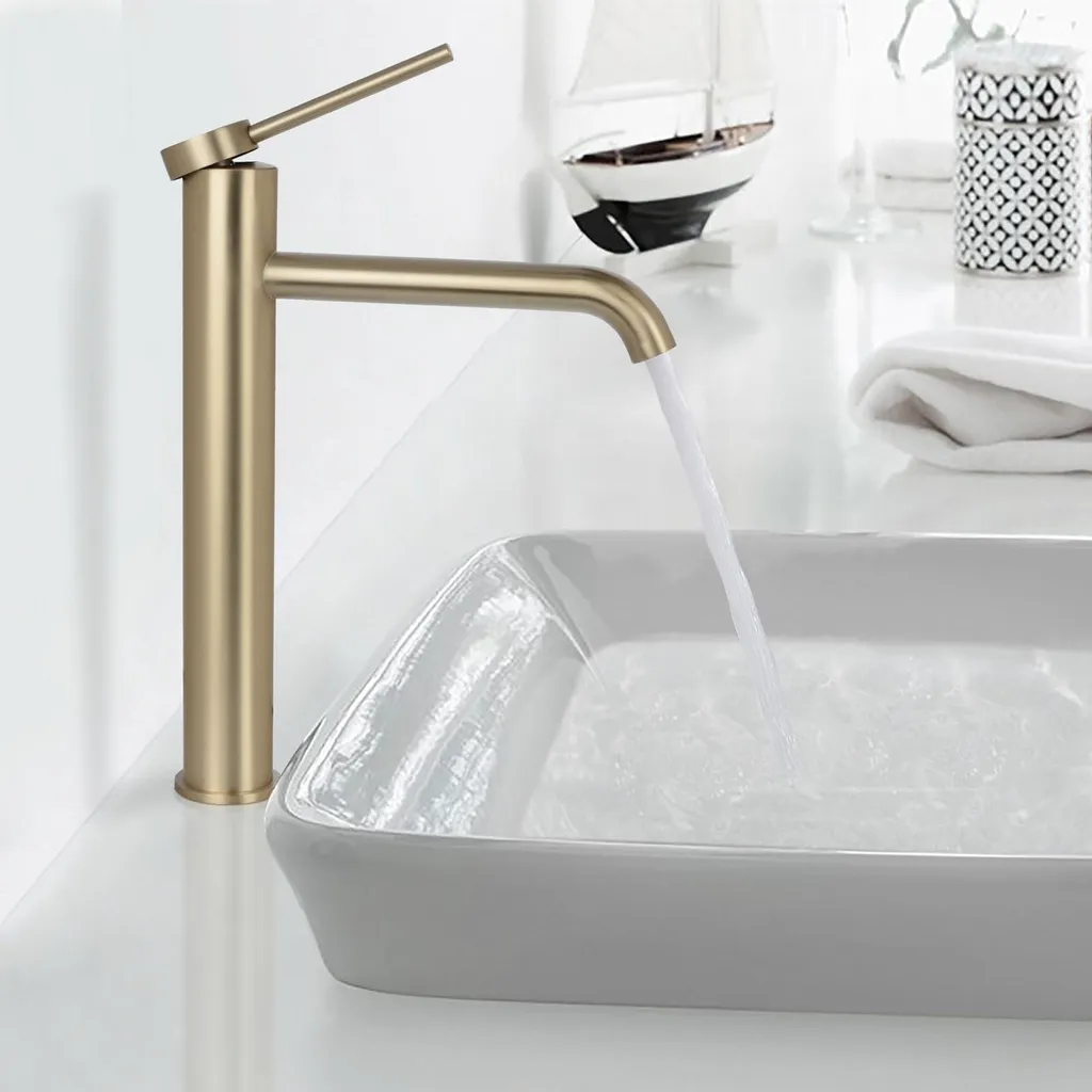Mitigeur lavabo acier inoxydable bec haut or brossé haute qualité