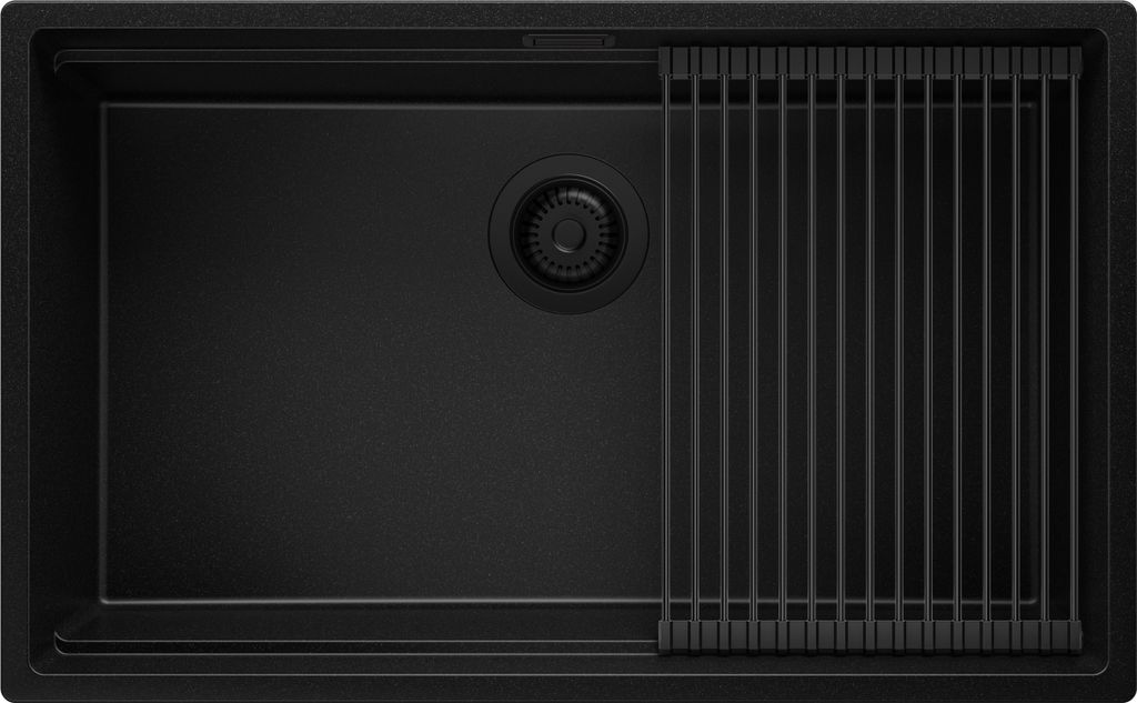 PRIMAGRAN Spülbecken Alles Schwarz 76x47cm, Granitspüle 1 Becken + Ablauf-Set + Aufrollbare Abtropffläche, Küchenspüle ab 80er Unterschrank - ...