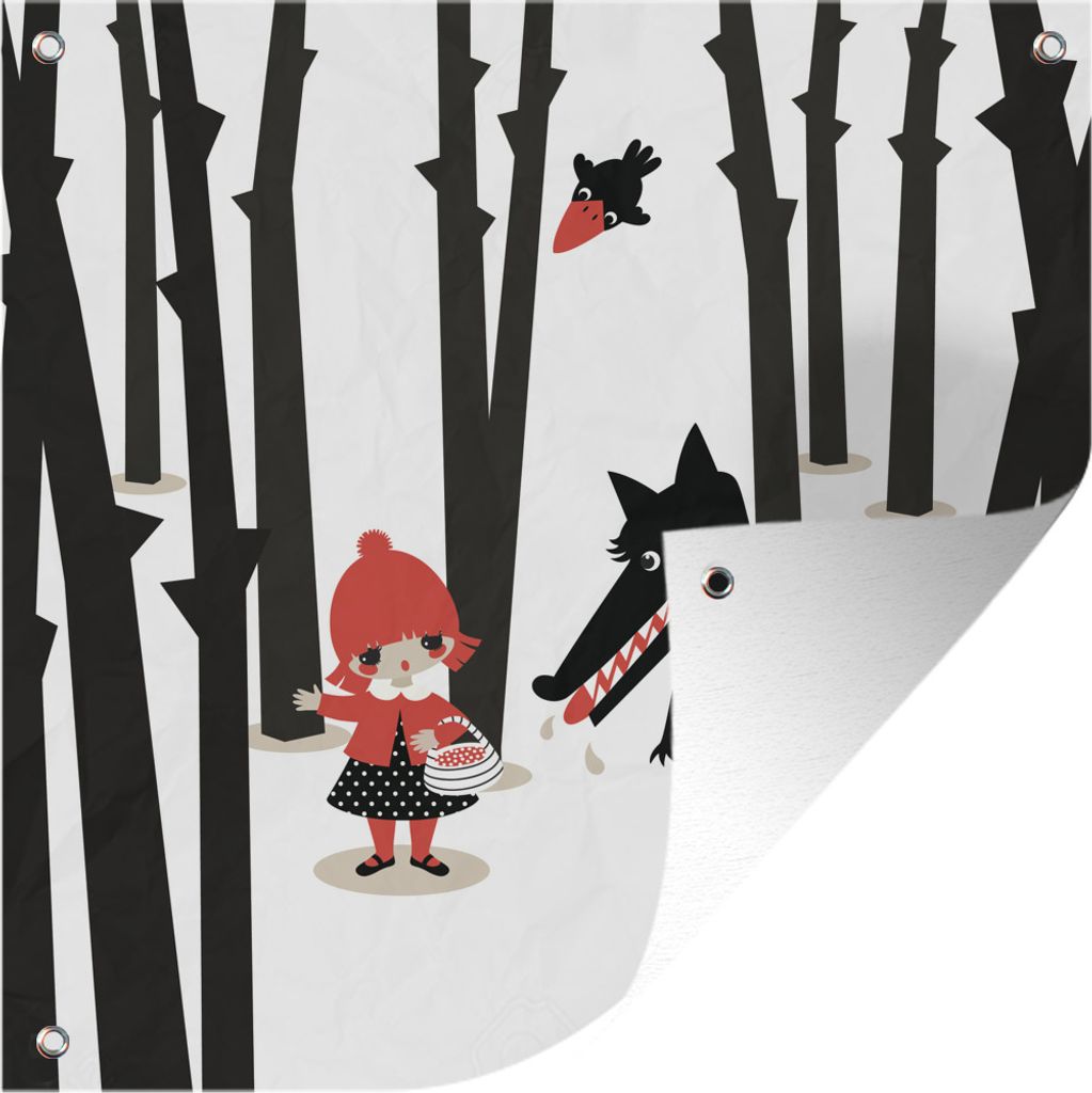 MuchoWow 50x50 cm Outdoor-Poster Gartendeko Sichtschutz Garten Poster für den Garten Rotkäppchen - Wolf - Wald