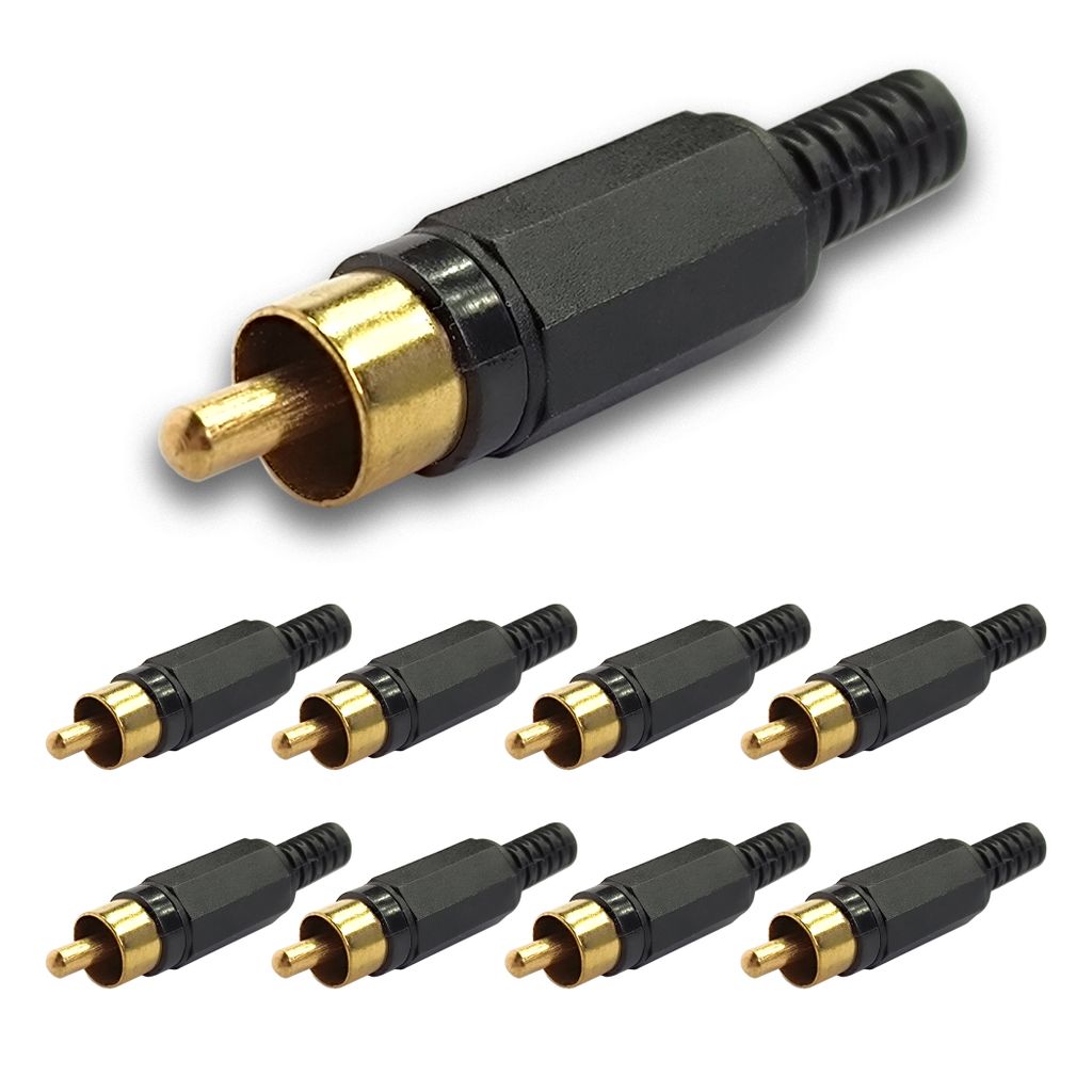 10x Cinch Stecker Schwarz vergoldet Knickschutz Audio Video Stecker Chinch Löten