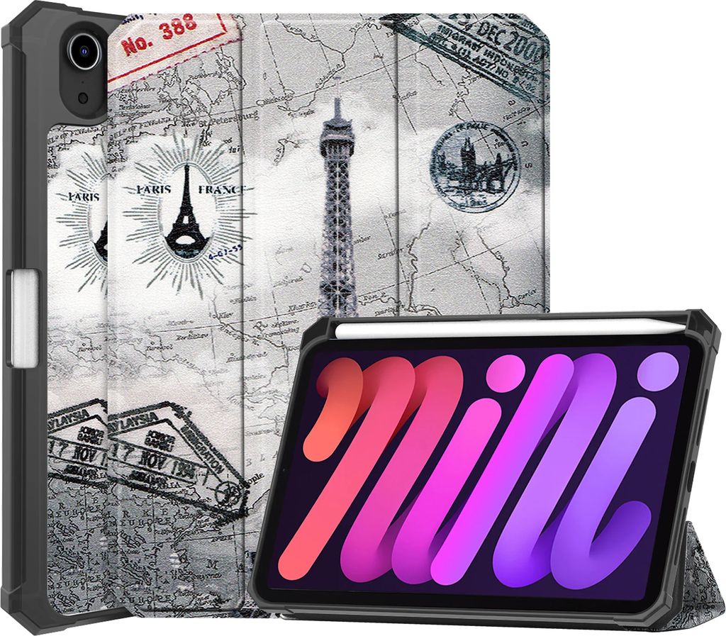 Case2go - Hülle kompatibel mit Apple iPad Mini 7 (2024) - Mit Stifthalter Faux Leather Tablet Case Schutzhülle - Eifelturm